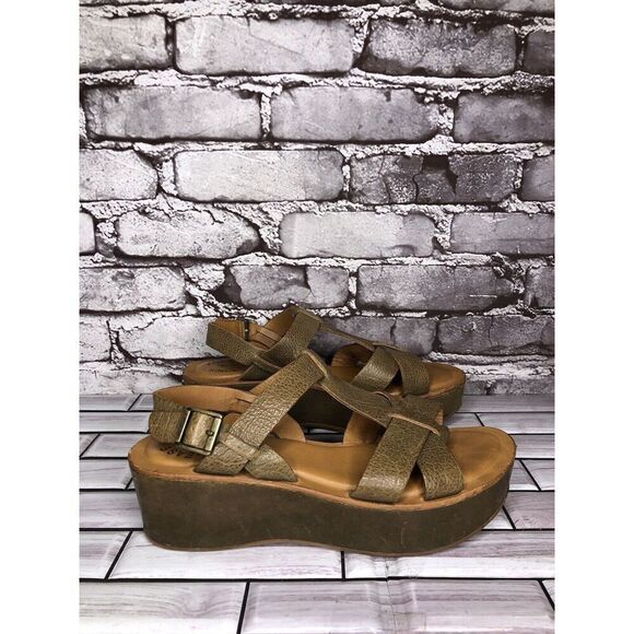 Kork-Ease Olive Green Leather Platform Wedge Ankle Strap Sandals Women Sz 7M US - Picture 1 of 16